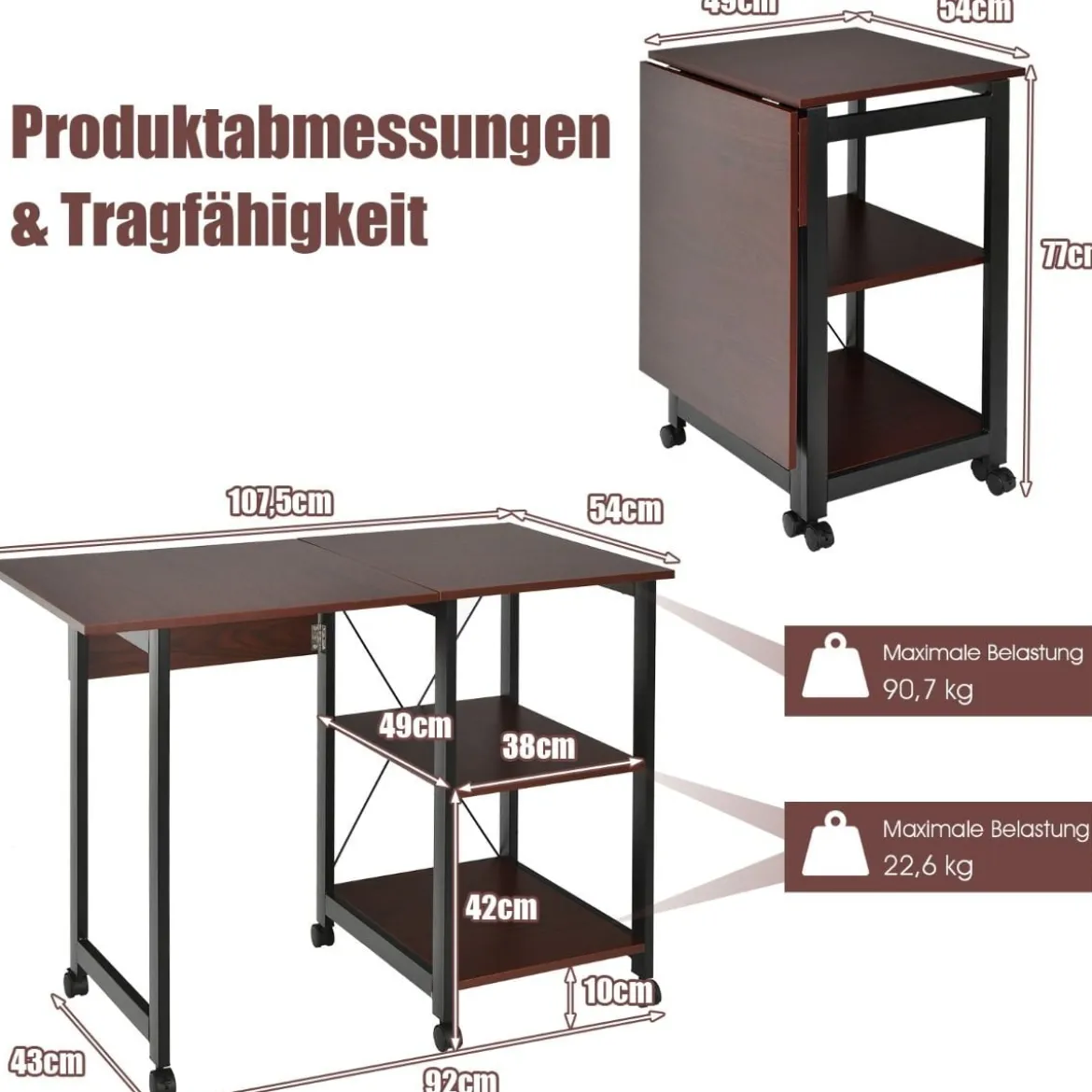 Klappbarer Computertisch Moderner Schreibtisch mit 2-stufigen Ablagefächern 107,5 x 54 x 77 cm Braun