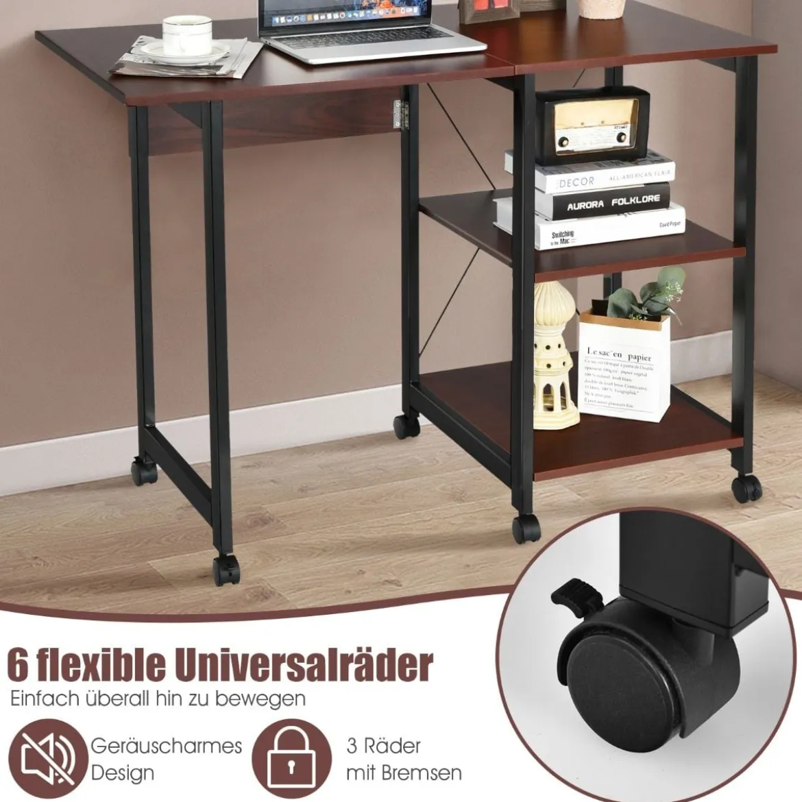 Klappbarer Computertisch Moderner Schreibtisch mit 2-stufigen Ablagefächern 107,5 x 54 x 77 cm Braun