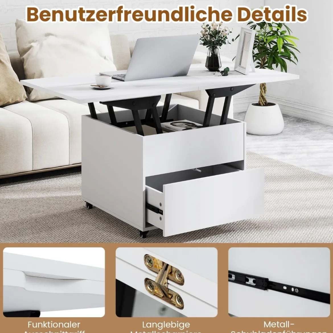 Klappbarer Couchtisch mit Höhenverstellbarer Platte & Verstecktem Stauraum Sofatisch Weiß