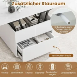 Klappbarer Couchtisch mit Höhenverstellbarer Platte & Verstecktem Stauraum Sofatisch Weiß