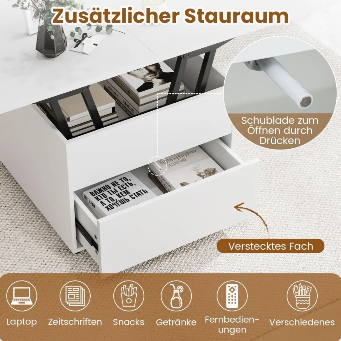 Klappbarer Couchtisch mit Höhenverstellbarer Platte & Verstecktem Stauraum Sofatisch Weiß