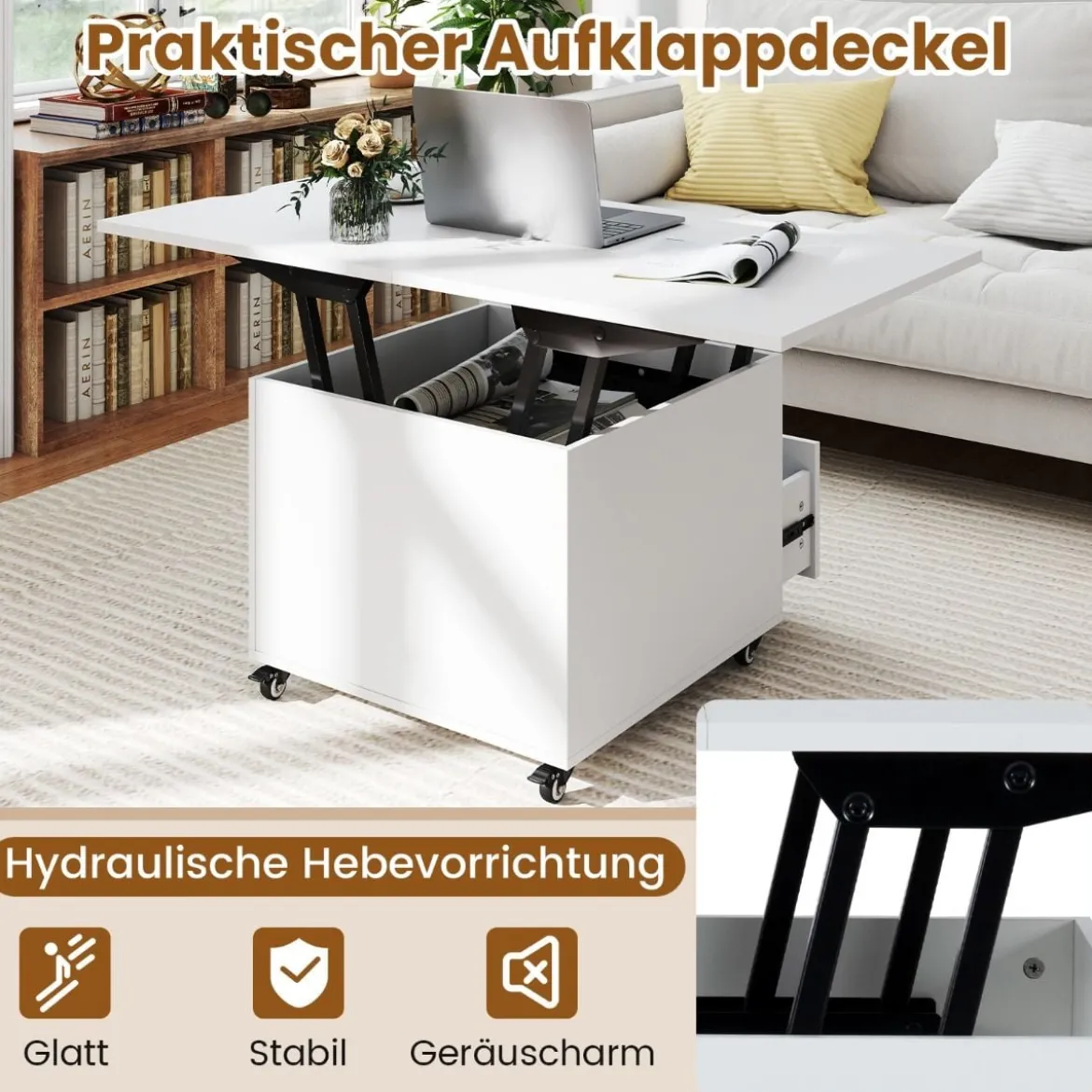 Klappbarer Couchtisch mit Höhenverstellbarer Platte & Verstecktem Stauraum Sofatisch Weiß