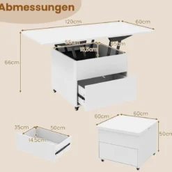 Klappbarer Couchtisch mit Höhenverstellbarer Platte & Verstecktem Stauraum Sofatisch Weiß