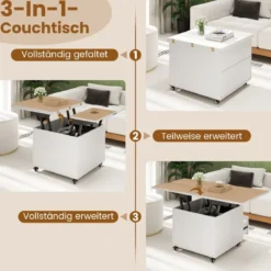 Klappbarer Couchtisch mit Höhenverstellbarer Platte & Verstecktem Stauraum Sofatisch Weiß