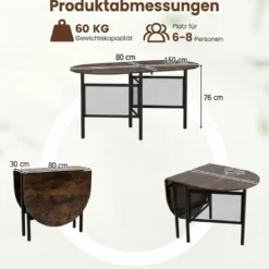 Klappbarer Esstisch für 6-8 Personen Platzsparender Klapptisch Ovaler Küchentisch Braun