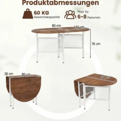 Klappbarer Esstisch für 6-8 Personen Platzsparender Klapptisch Ovaler Küchentisch Natur