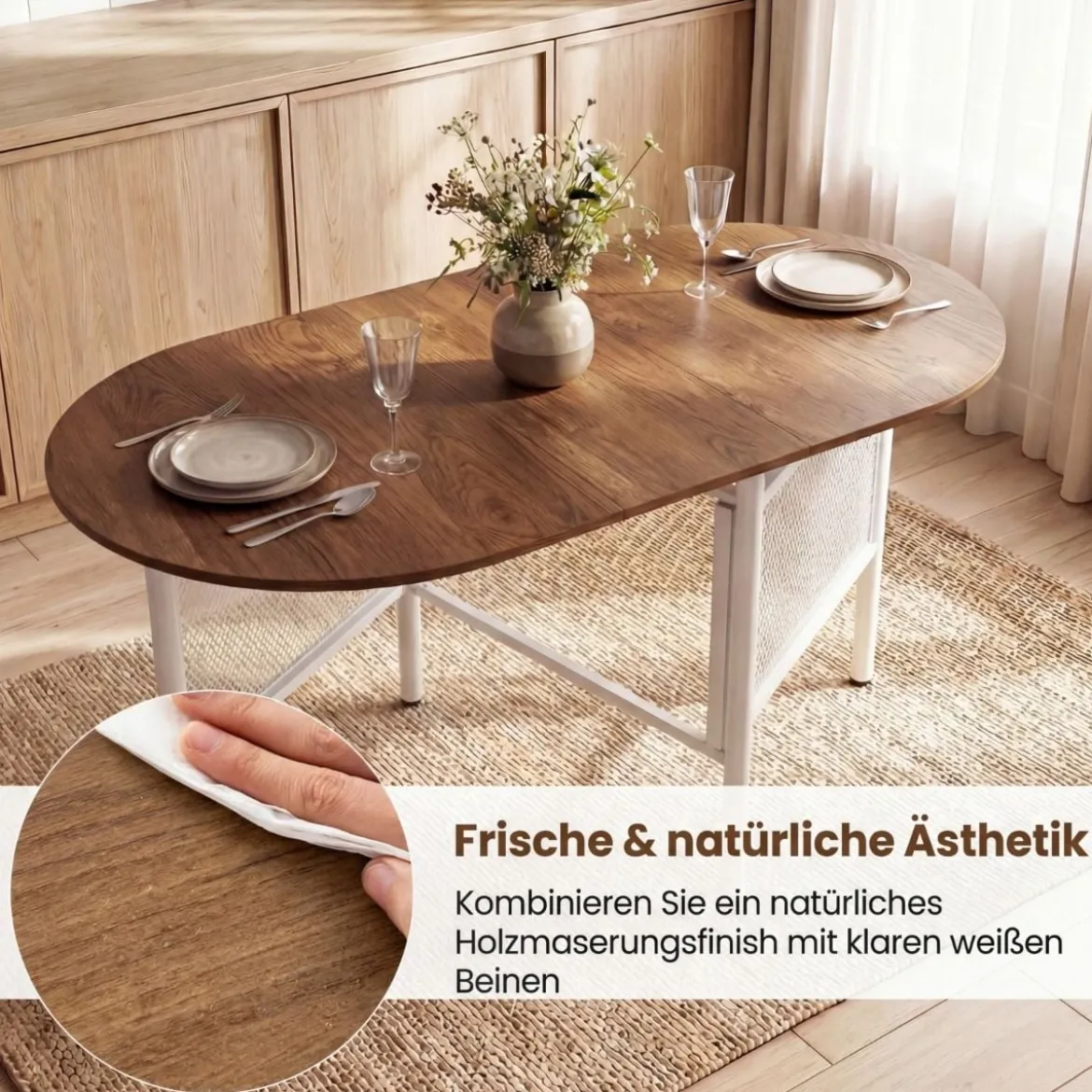 Klappbarer Esstisch für 6-8 Personen Platzsparender Klapptisch Ovaler Küchentisch Natur