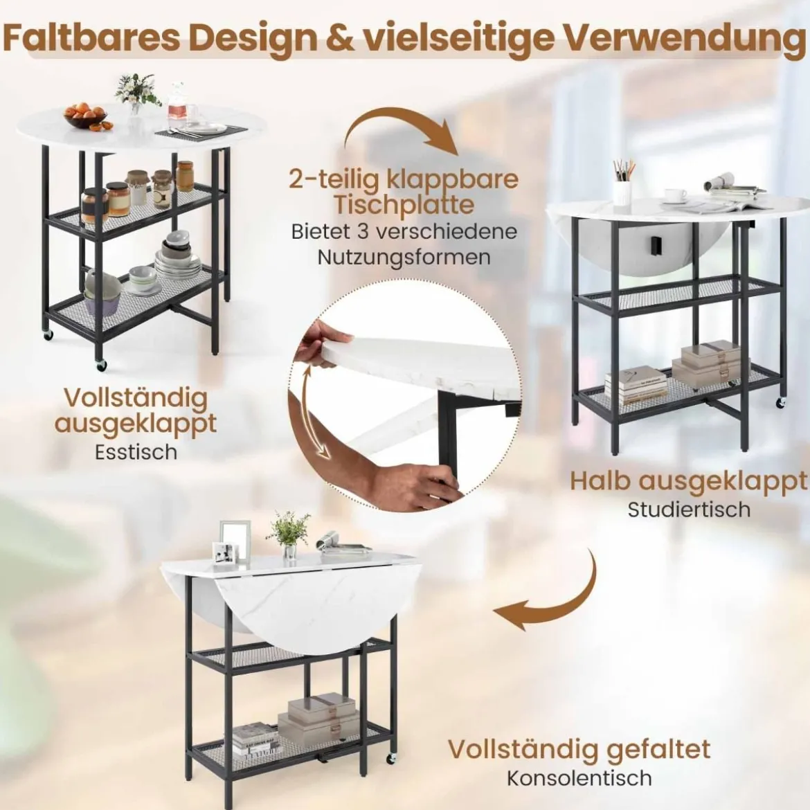 Klappbarer Esstisch mit Marmor Optik Mobiler Klapptisch für 4 Personen Küchentisch Weiß