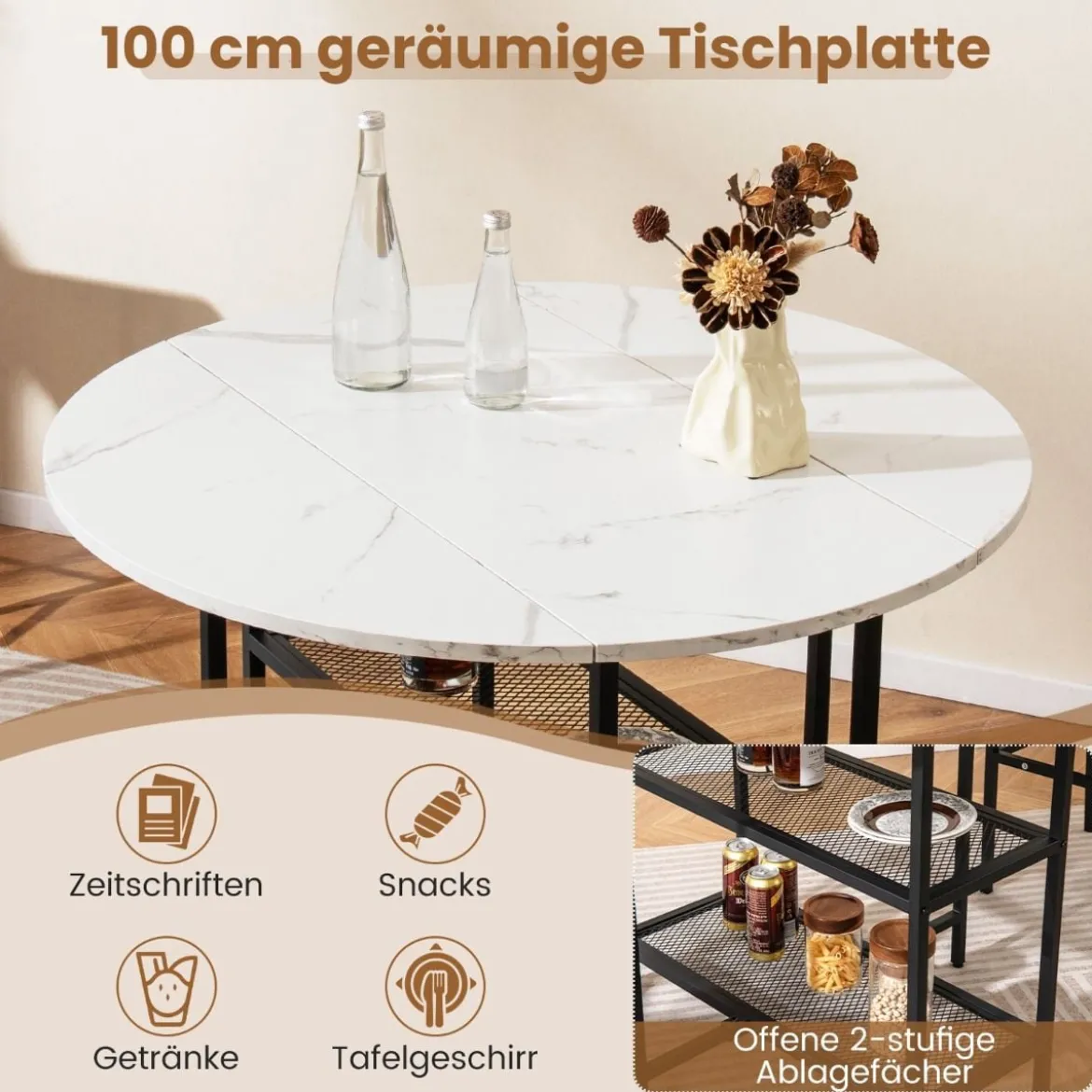 Klappbarer Esstisch mit Marmor Optik Mobiler Klapptisch für 4 Personen Küchentisch Weiß