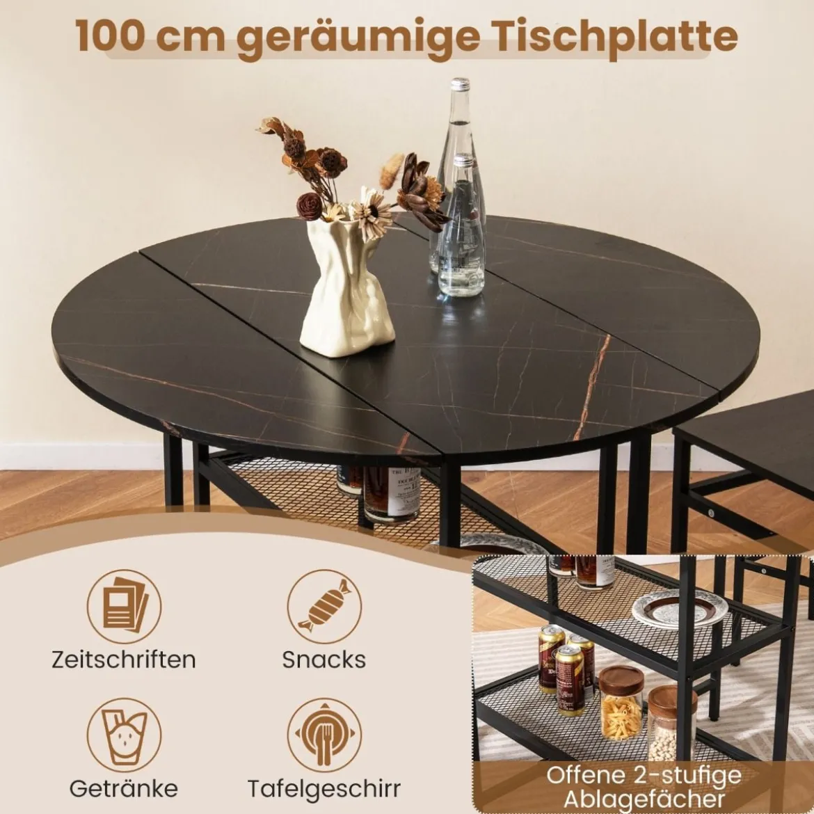 Klappbarer Esstisch mit Marmor Optik Mobiler Klapptisch für 4 Personen Küchentisch Schwarz