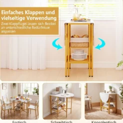 Klappbarer Esstisch mit 2 Offenen Ablagen für 4 Personen Platzsparender Küchentisch Weiß + Gold