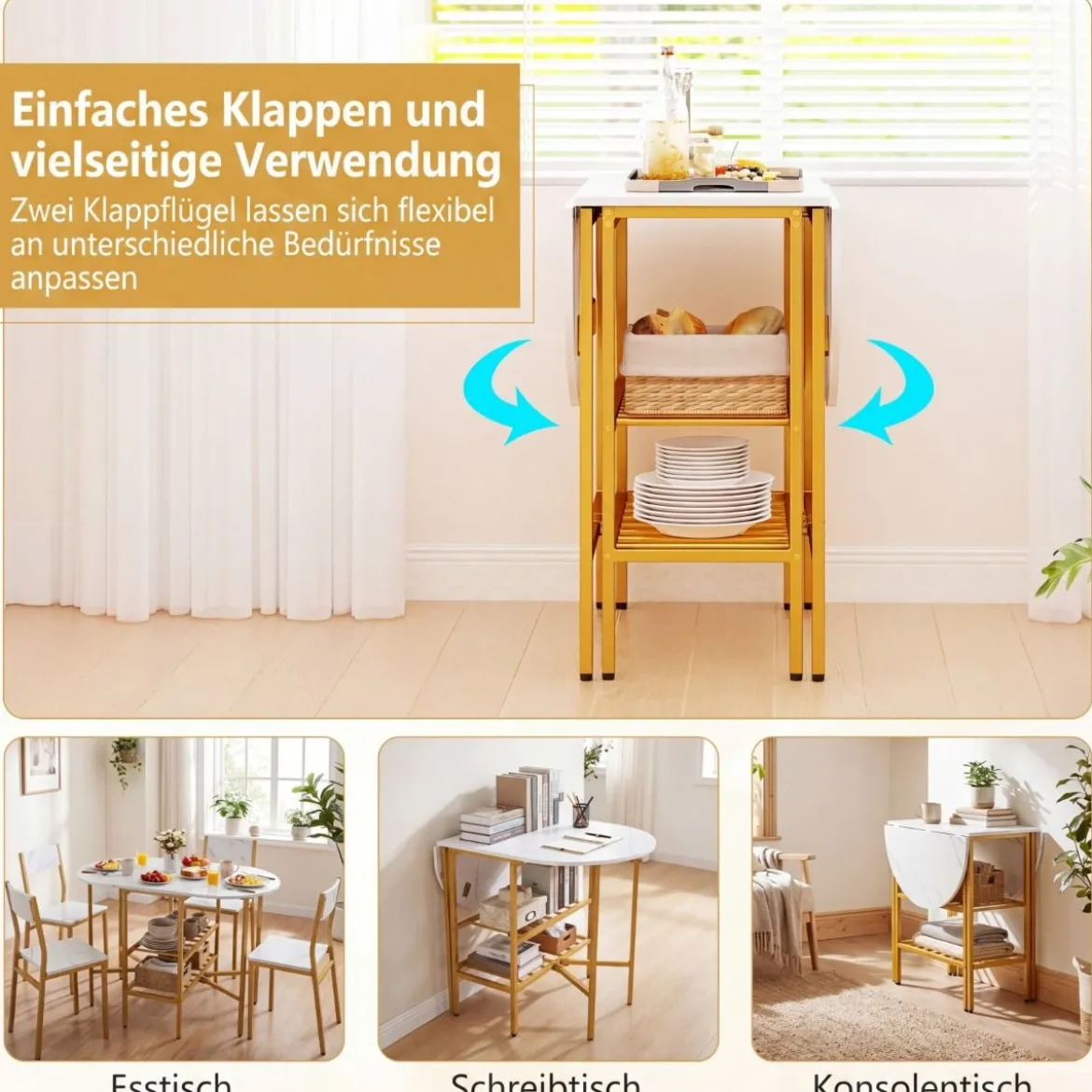 Klappbarer Esstisch mit 2 Offenen Ablagen für 4 Personen Platzsparender Küchentisch Weiß + Gold