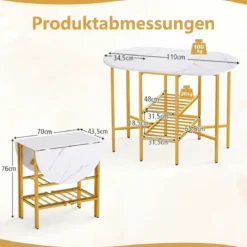 Klappbarer Esstisch mit 2 Offenen Ablagen für 4 Personen Platzsparender Küchentisch Weiß + Gold