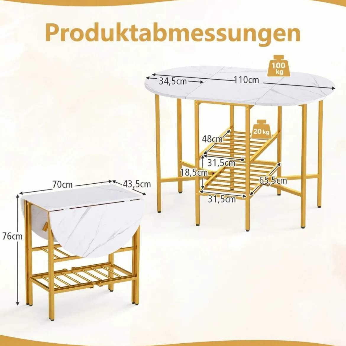 Klappbarer Esstisch mit 2 Offenen Ablagen für 4 Personen Platzsparender Küchentisch Weiß + Gold