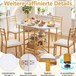 Klappbarer Esstisch mit 2 Offenen Ablagen für 4 Personen Platzsparender Küchentisch Weiß + Gold