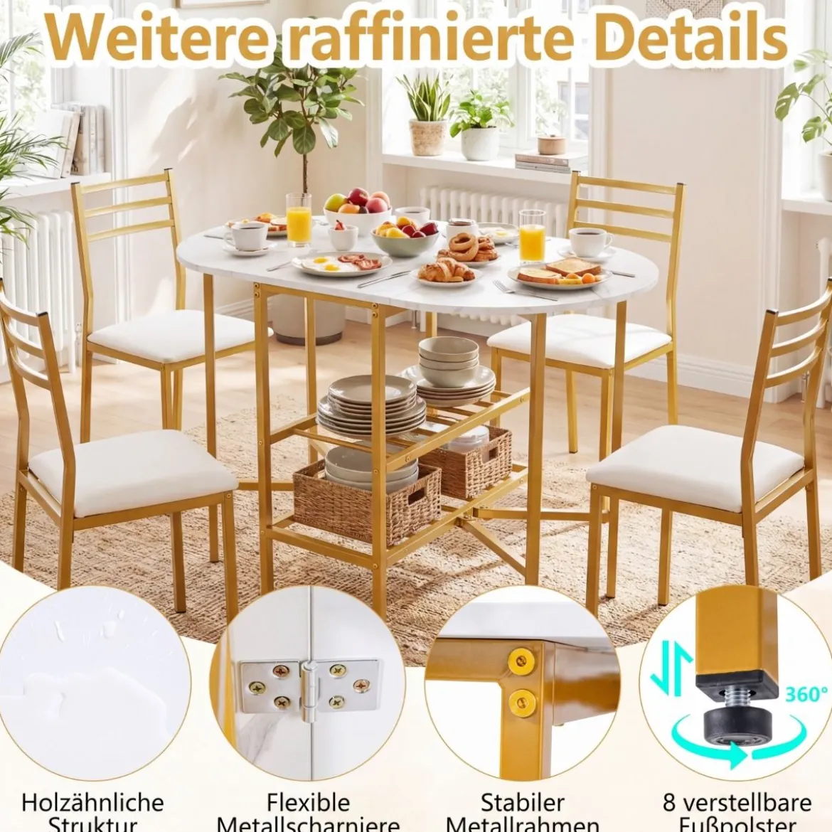 Klappbarer Esstisch mit 2 Offenen Ablagen für 4 Personen Platzsparender Küchentisch Weiß + Gold