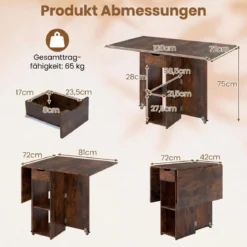 Klappbarer Esstisch mit 2 Rädern & 2-stufiger Ablagefläche & Schublade Klapptisch Rustikalbraun