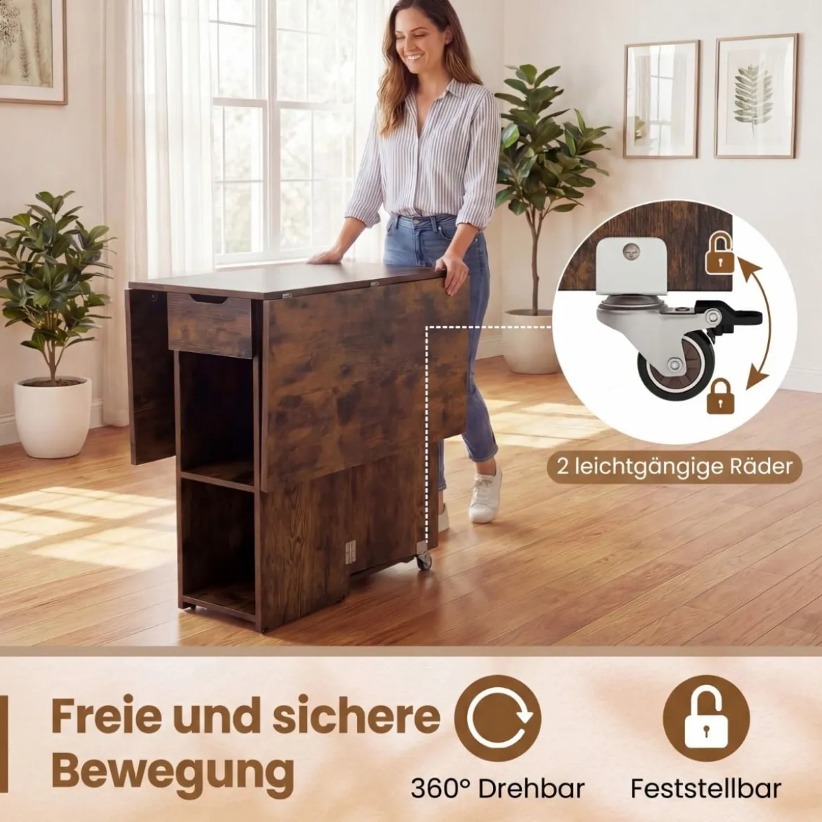 Klappbarer Esstisch mit 2 Rädern & 2-stufiger Ablagefläche & Schublade Klapptisch Rustikalbraun