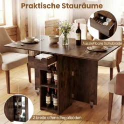Klappbarer Esstisch mit 2 Rädern & 2-stufiger Ablagefläche & Schublade Klapptisch Rustikalbraun