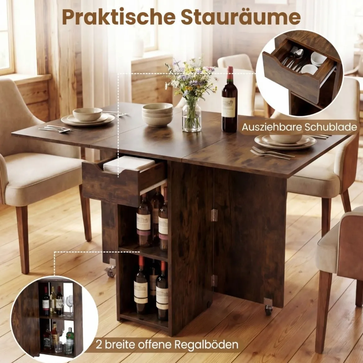 Klappbarer Esstisch mit 2 Rädern & 2-stufiger Ablagefläche & Schublade Klapptisch Rustikalbraun