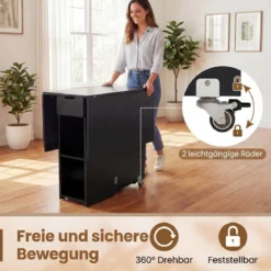 Klappbarer Esstisch mit 2 Rädern & 2-stufiger Ablagefläche & Schublade Klapptisch Schwarz