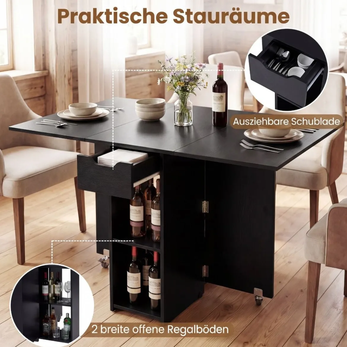 Klappbarer Esstisch mit 2 Rädern & 2-stufiger Ablagefläche & Schublade Klapptisch Schwarz