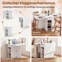 Klappbarer Esstisch mit 2 Rädern & 2-stufiger Ablagefläche & Schublade Klapptisch Weiß