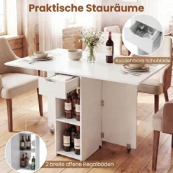 Klappbarer Esstisch mit 2 Rädern & 2-stufiger Ablagefläche & Schublade Klapptisch Weiß