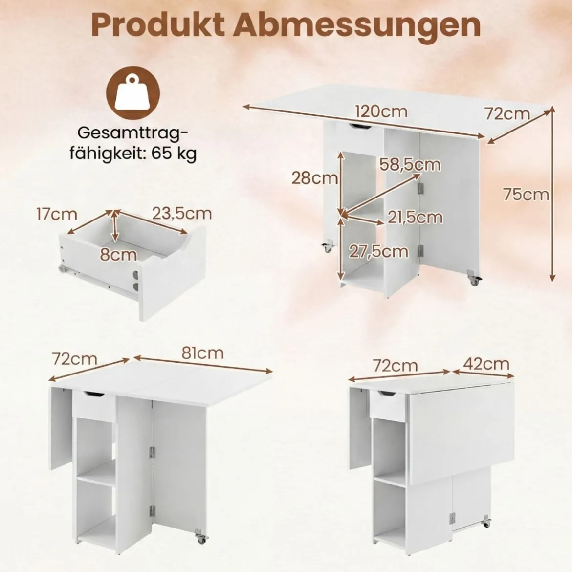 Klappbarer Esstisch mit 2 Rädern & 2-stufiger Ablagefläche & Schublade Klapptisch Weiß