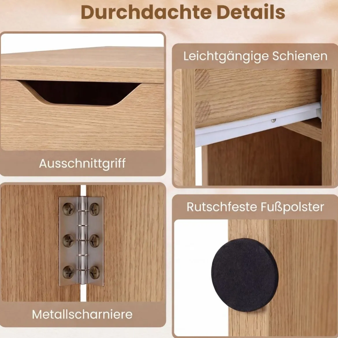 Klappbarer Esstisch mit 2 Rädern & 2-stufiger Ablagefläche & Schublade Klapptisch Natur