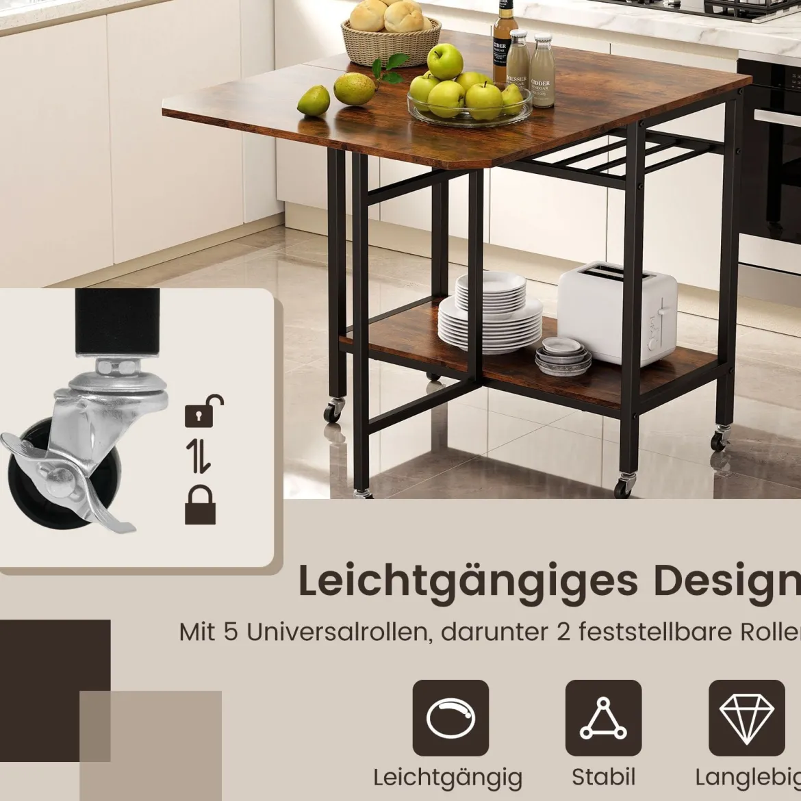 Klappbarer Esstisch mit Rollen & Ablage & Weinregal Platzsparender Küchentisch Klapptisch Braun