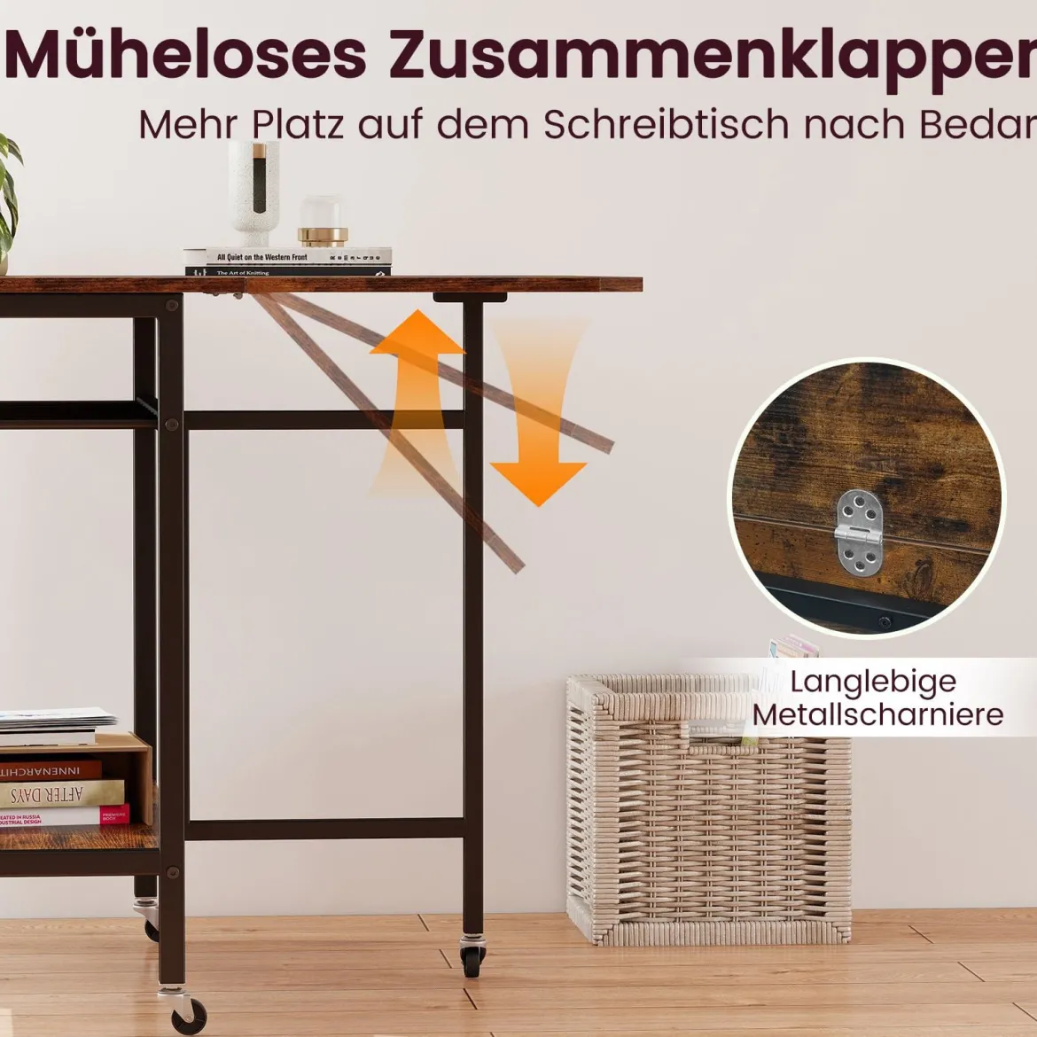 Klappbarer Esstisch mit Rollen & Ablage & Weinregal Platzsparender Küchentisch Klapptisch Braun