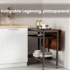 Klappbarer Esstisch mit Rollen & Ablage & Weinregal Platzsparender Küchentisch Klapptisch Braun
