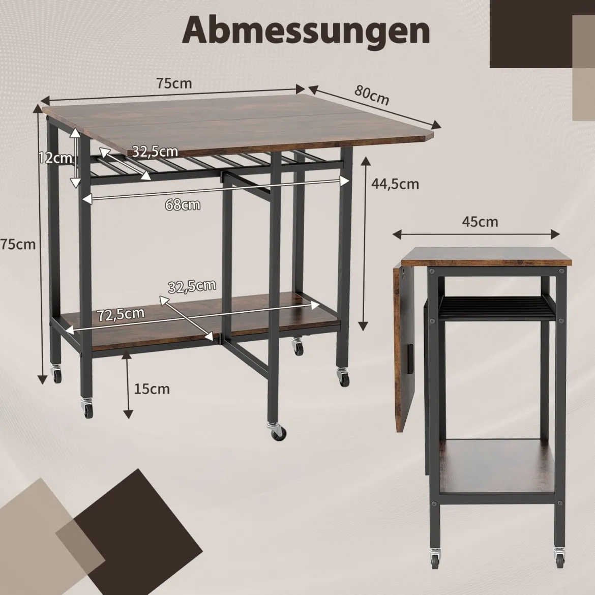 Klappbarer Esstisch mit Rollen & Ablage & Weinregal Platzsparender Küchentisch Klapptisch Braun