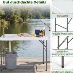 Klappbarer Fischreinigungstisch Filetiertisch mit Messskala Spüle & Wasserhahn Blastbar bis 50 kg Weiß