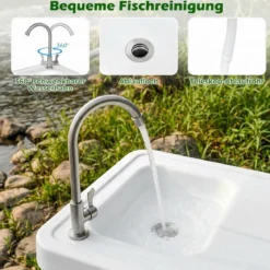 Klappbarer Fischreinigungstisch Filetiertisch mit Messskala Spüle & Wasserhahn Blastbar bis 50 kg Weiß