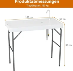 Klappbarer Fischreinigungstisch mit Spüle & Wasserhahn Tragbarer Campingtisch Weiß