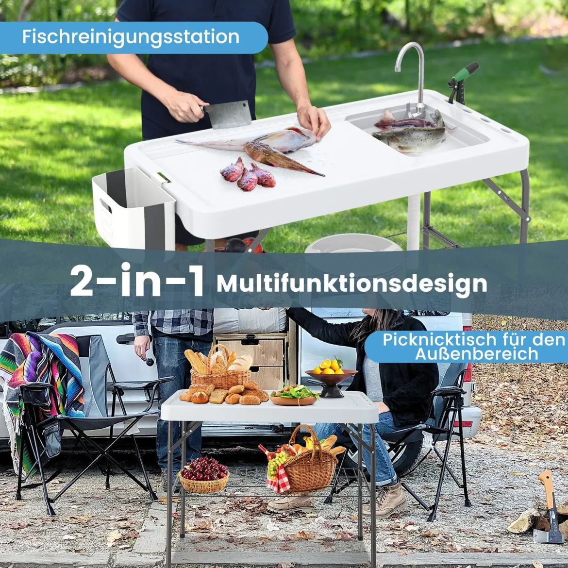 Klappbarer Fischreinigungstisch mit Spüle & Gitterablage & Wasserhahn Filetiertisch Weiß