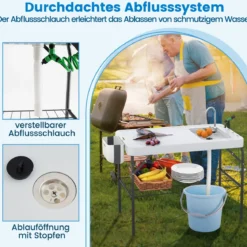 Klappbarer Fischreinigungstisch mit Spüle & Gitterablage & Wasserhahn Filetiertisch Weiß