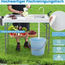Klappbarer Fischreinigungstisch mit Spüle & Gitterablage & Wasserhahn Filetiertisch Weiß