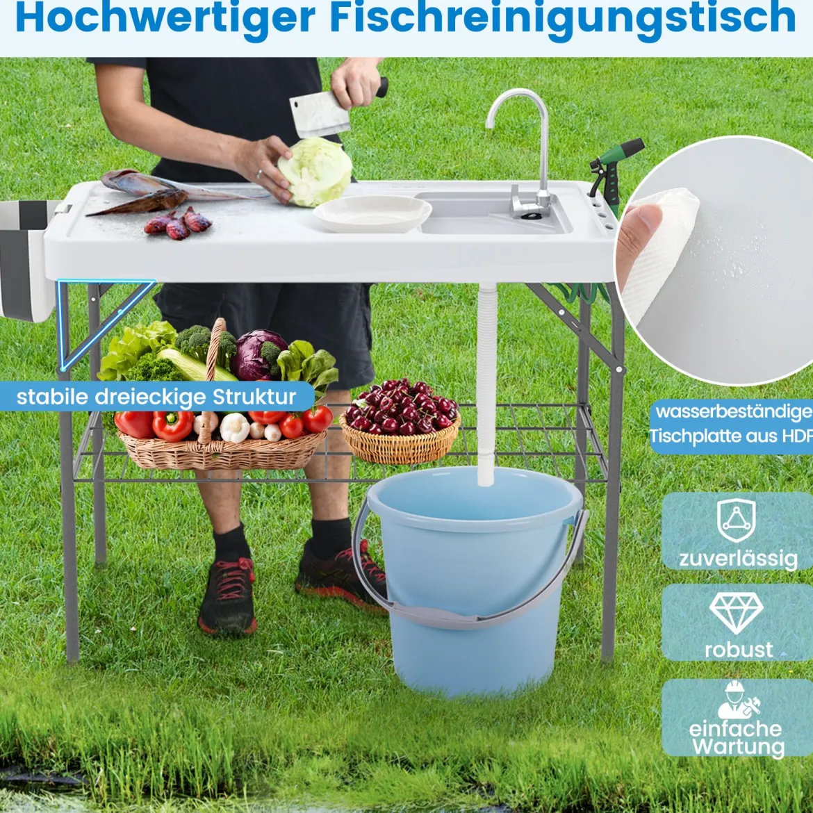 Klappbarer Fischreinigungstisch mit Spüle & Gitterablage & Wasserhahn Filetiertisch Weiß