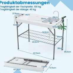 Klappbarer Fischreinigungstisch mit Spüle & Gitterablage & Wasserhahn Filetiertisch Weiß