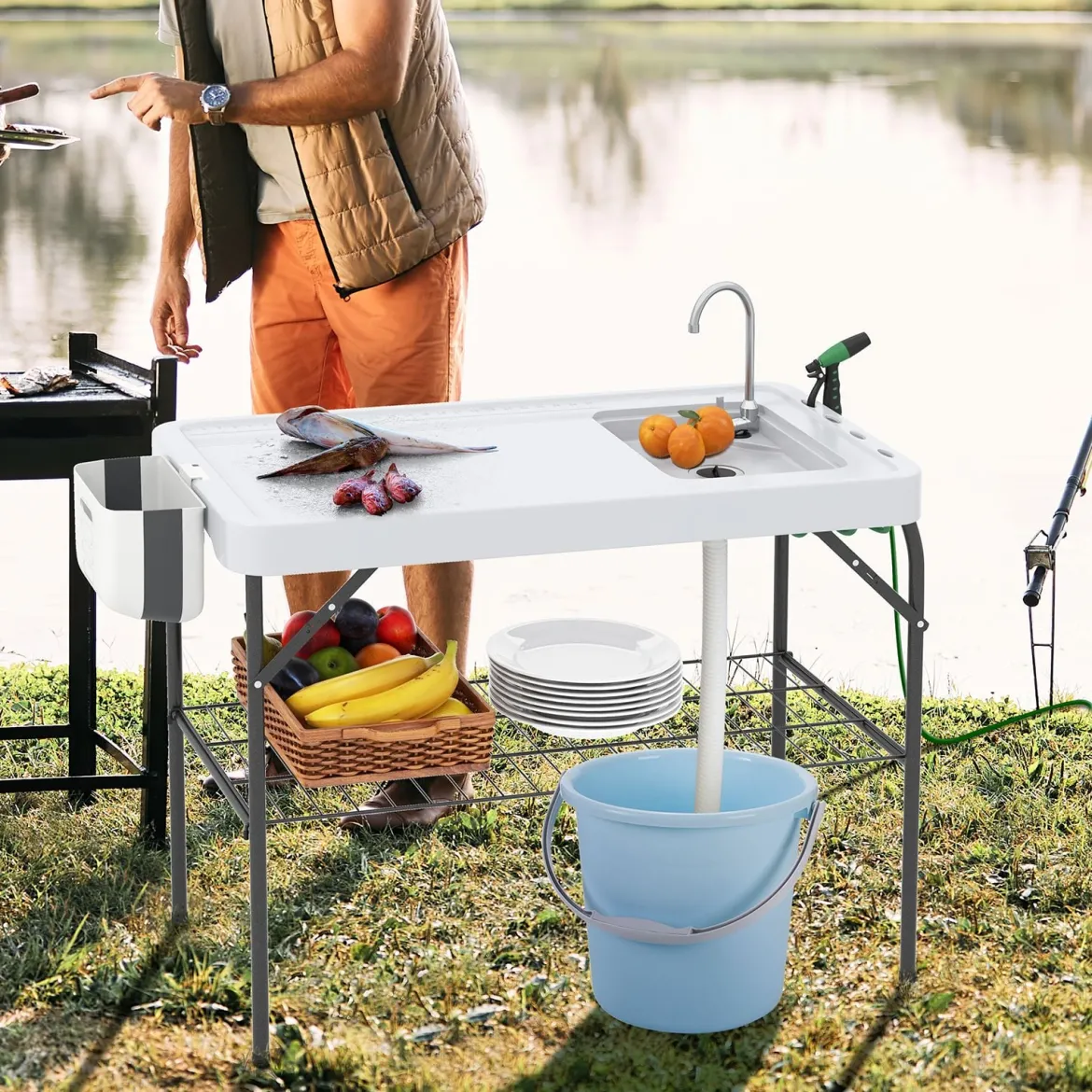 Klappbarer Fischreinigungstisch mit Spüle & Gitterablage & Wasserhahn Filetiertisch Weiß