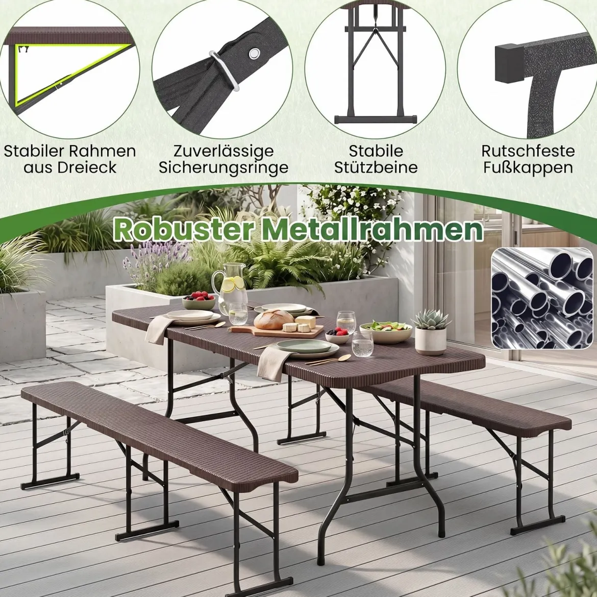 Klappbarer Gartentisch in Rattanoptik + 2er Set Klappbare Bierbank in Rattanoptik mit Tragegriff