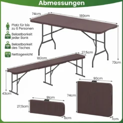 Klappbarer Gartentisch in Rattanoptik + 2er Set Klappbare Bierbank in Rattanoptik mit Tragegriff