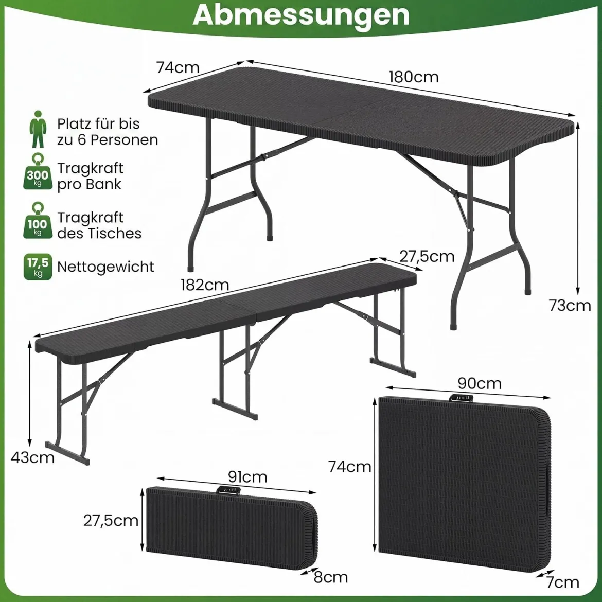 Klappbarer Gartentisch in Rattanoptik mit HDPE-Tischplatte & Tragegriff Campingtisch