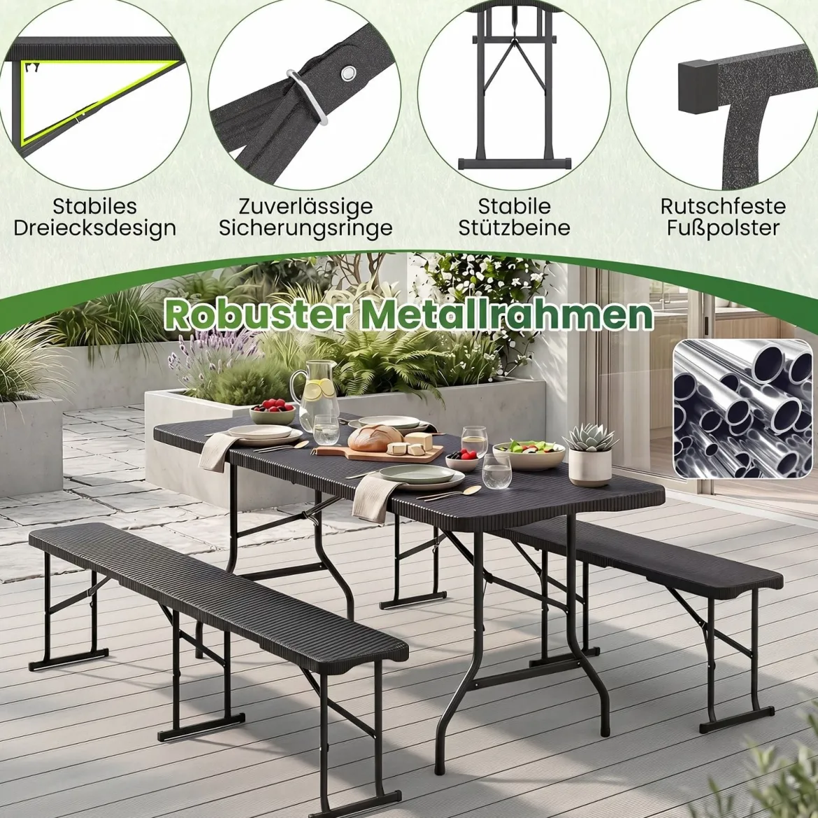Klappbarer Gartentisch in Rattanoptik mit HDPE-Tischplatte & Tragegriff Campingtisch