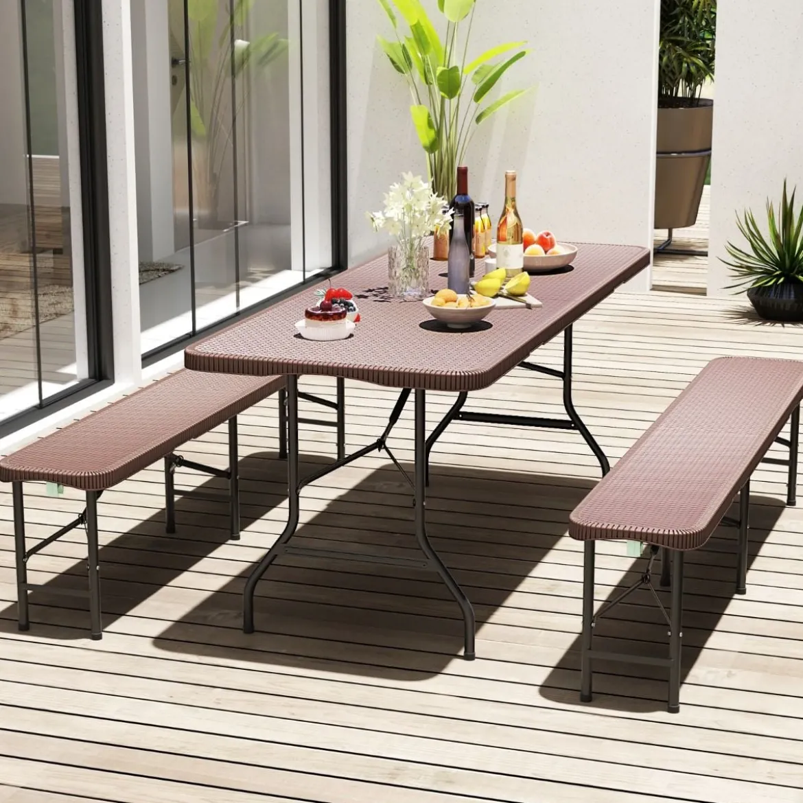 Klappbarer Gartentisch in Rattanoptik mit HDPE-Tischplatte & Tragegriff Campingtisch