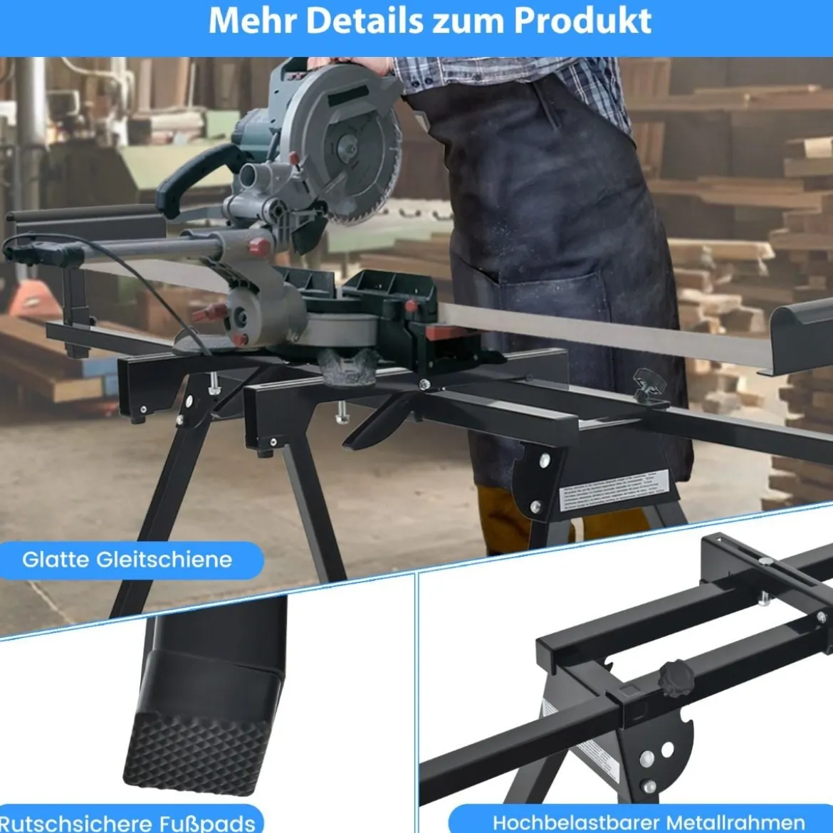 Klappbarer Gehrungssägenständer Universal-Sägeständer mit Ausziehbarer Länge 111 x 65 x 83–91,5 cm Schwarz