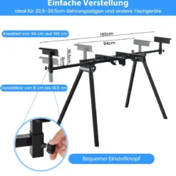 Klappbarer Gehrungssägenständer Universal-Sägeständer mit Ausziehbarer Länge 111 x 65 x 83–91,5 cm Schwarz